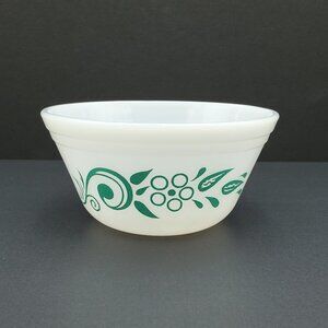 Federal Glass Mod Floral Mixing Bowl White Milk Glass Turquoise Floral Bowl